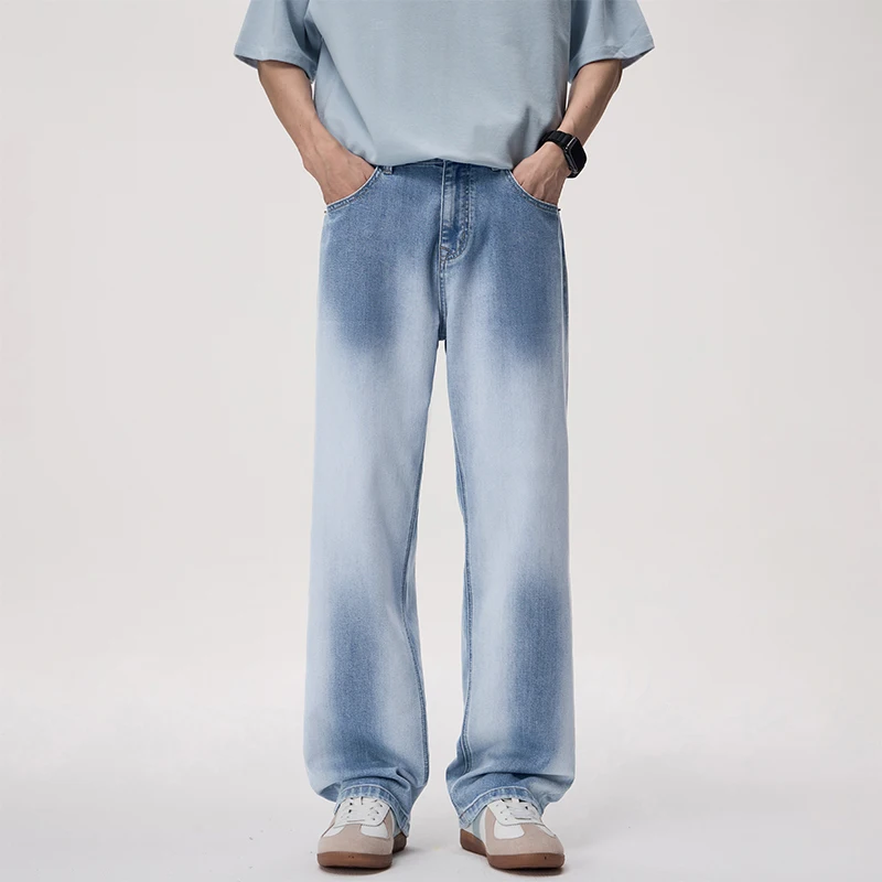 

Men's Summer High Street Gradient Washed Light Blue Jeans Loose Straight Leg Stretch Lyocell Breathable Comfort Thin Pants