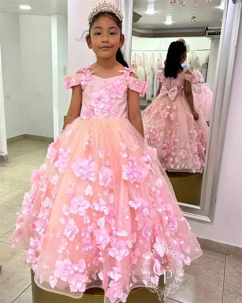 Customized Pink Flower Girl Dresses For Wedding 3D Flowers Off Shoulder With Bow Luxury Princess Birthday Party Banquet Gown