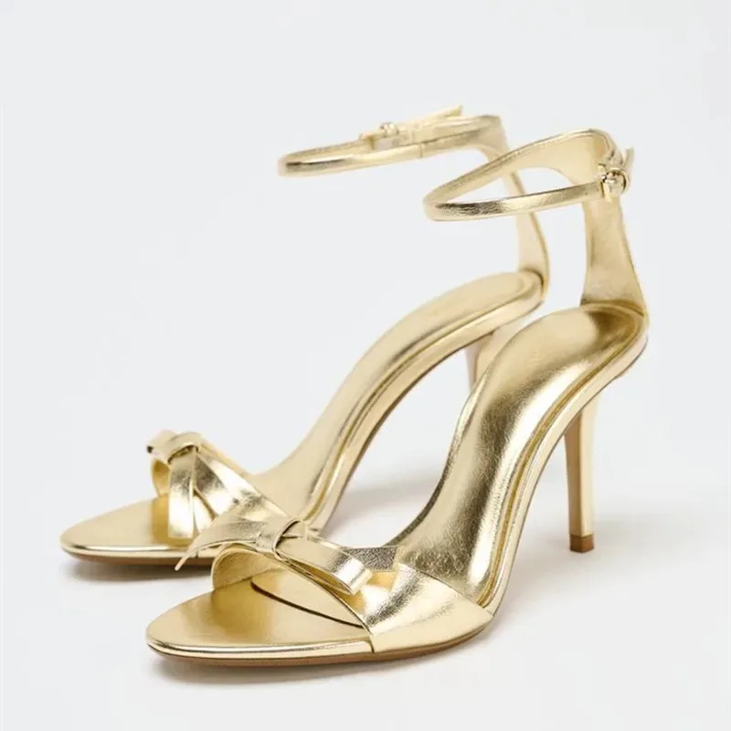 

Women's Shoes Elegant Golden Bow High Heel Sandals Women Summer Sexy Open Toe Ankle Buckle Designer Shoes Fashion Dress Shoes