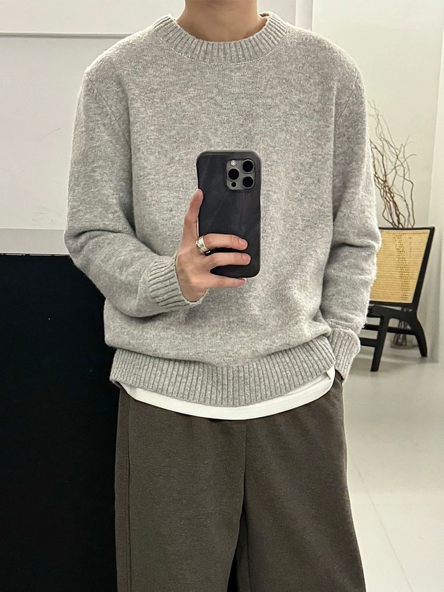 

Cleanfit Light ey Fce Lined round Ne Knitwear Men's Winter Thiened Inner irt Lazy Knitted Sweater Coat