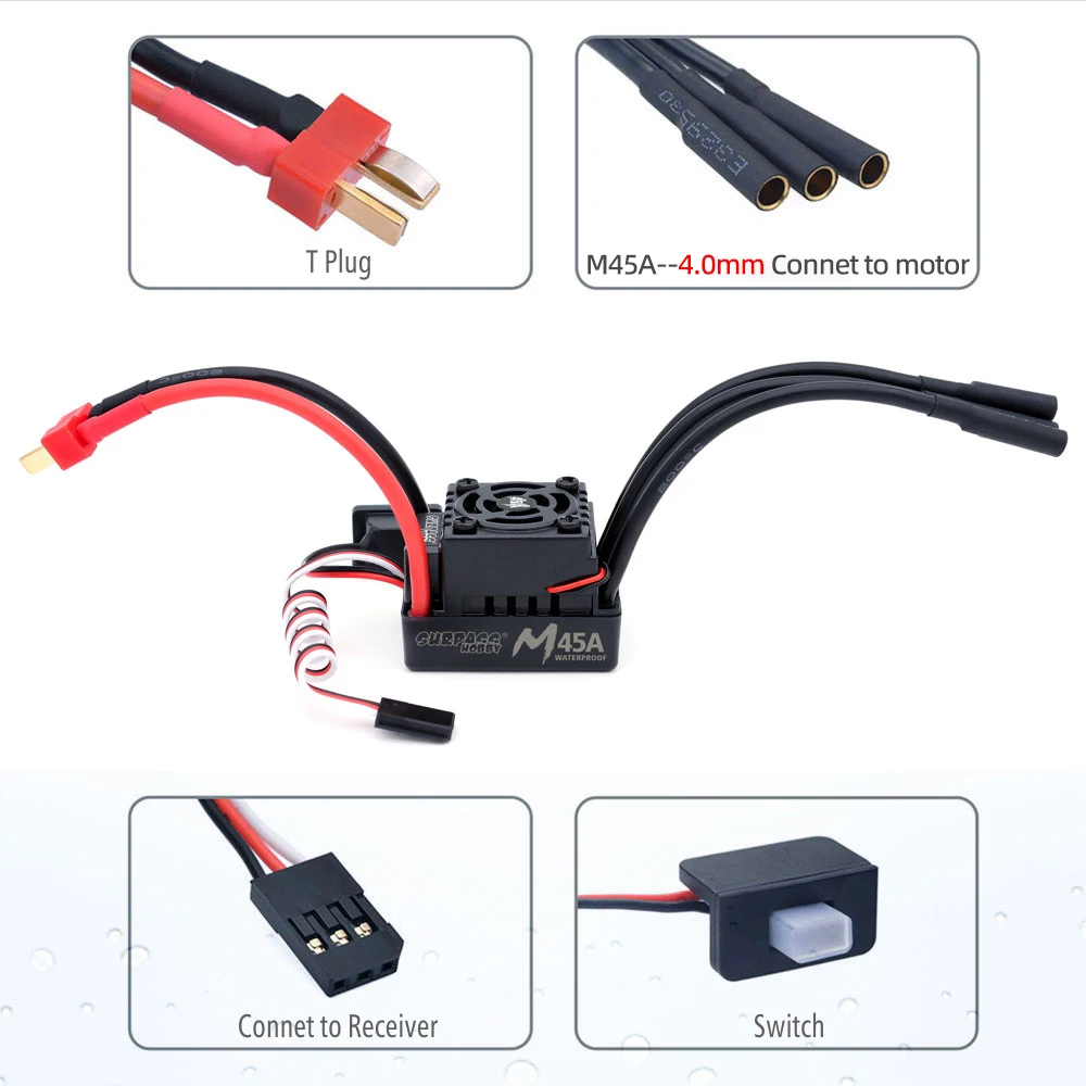 SURPASS HOBBY Motor sin escobillas ESC Combo eje de 3.175mm impermeable M35A/45A/60A ESC para 1/10 1/12 1/14 1/16 1/18 RC Car MN82