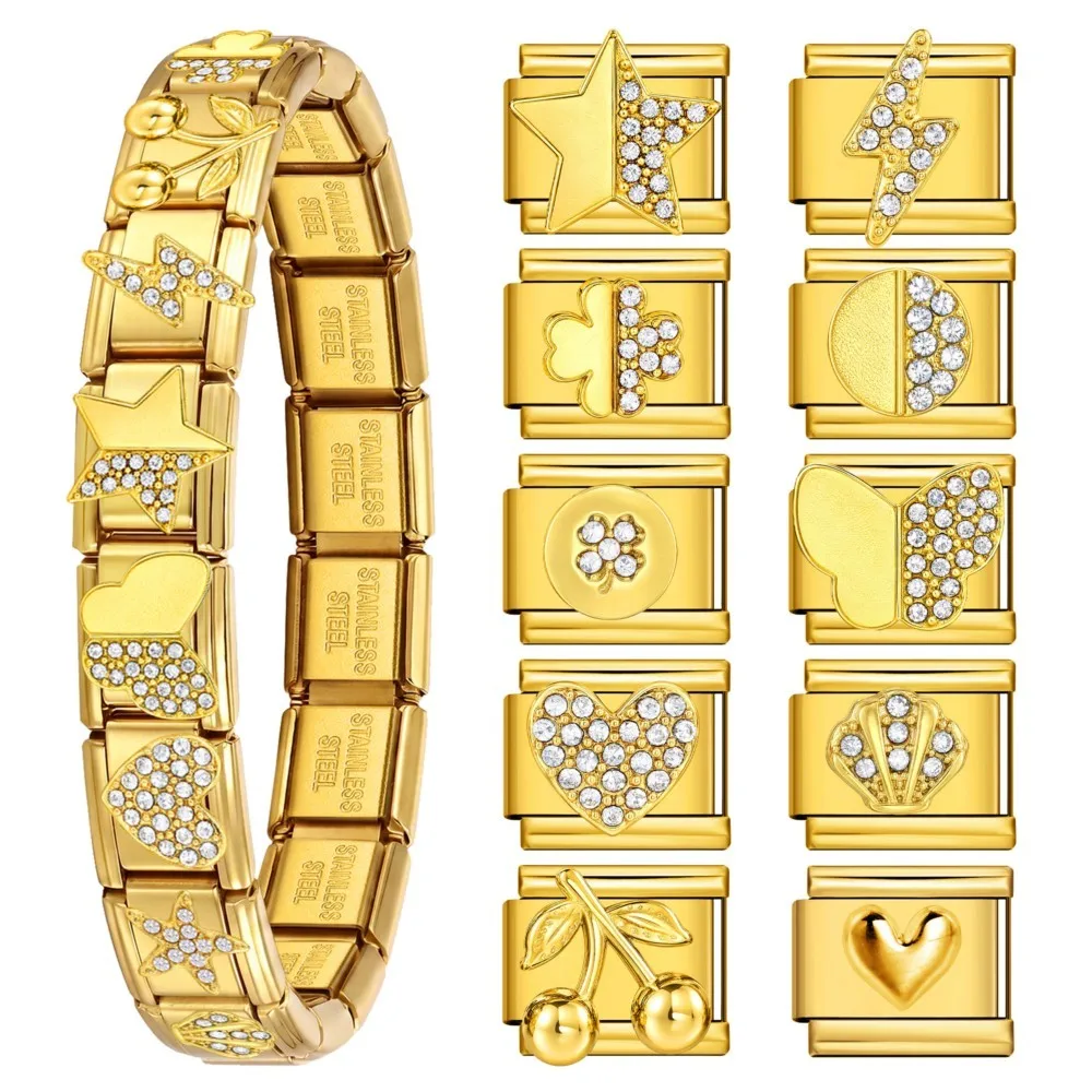 9mm Italian Charms Link Bracelet Inlaid Zircon Heart Shell Flash Stainless Steel Beads DIY Gold Color Jewelry Trendy Accessories