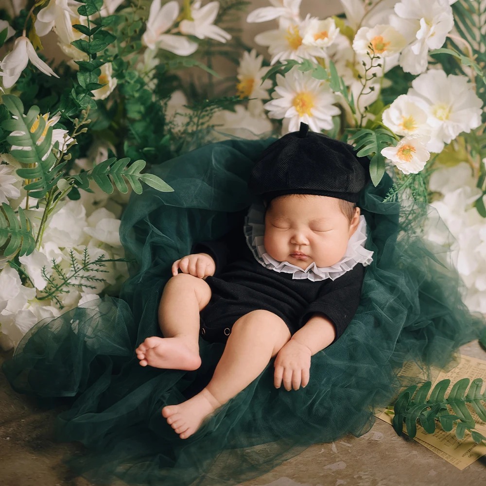 0-1 Month Newborn Costume Photography Props Lace Collar Baby Bodysuit Beret Set Violin Props Studio Forest Style Art Photo Props