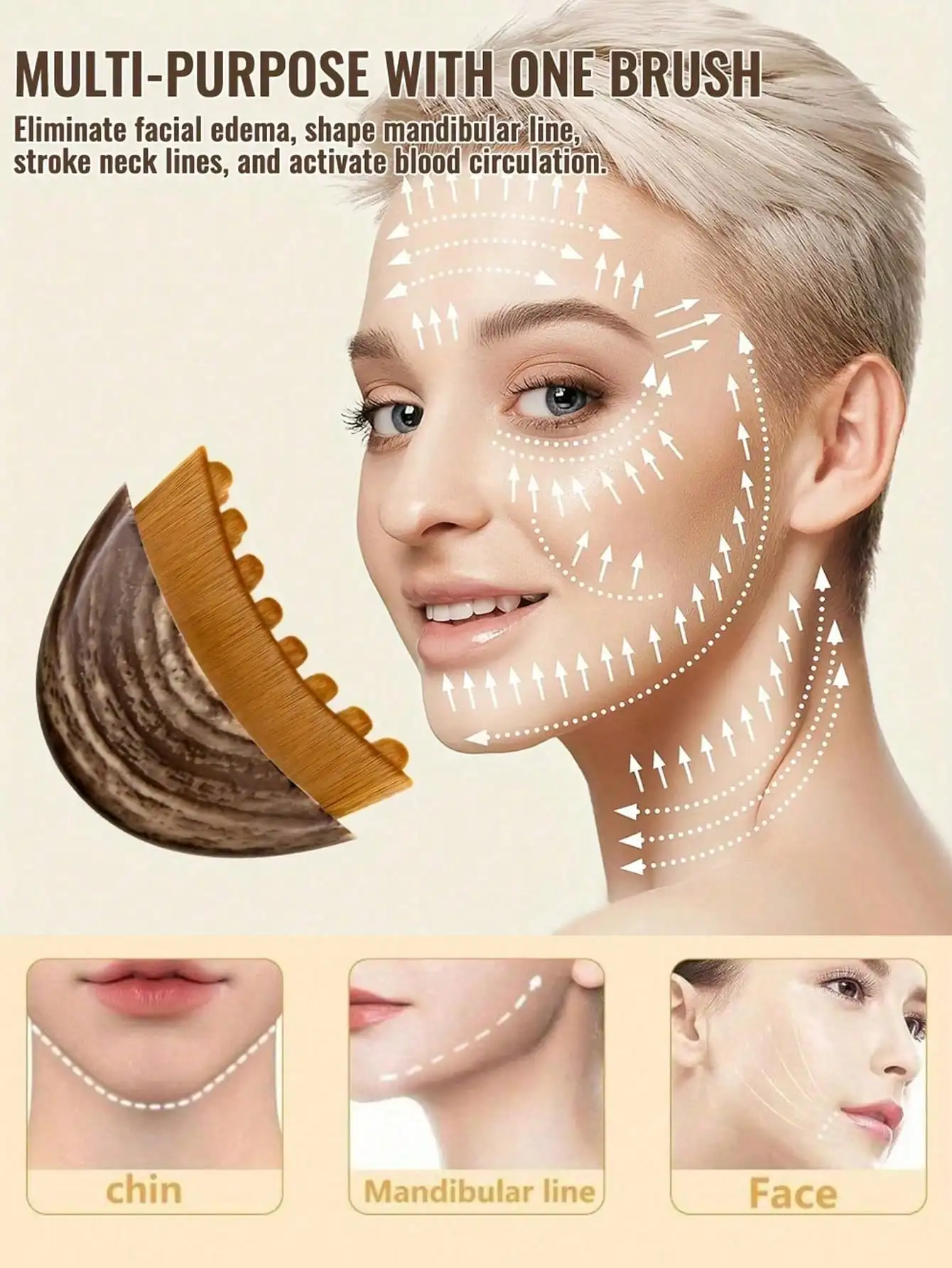 3pcs Facial Skin Care Massage Set - Lymph Contour Facial Brush, Stainless Steel Heart-Shaped Scraping Board, Dry Facial Brush, F