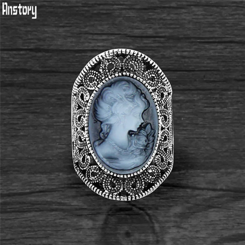 Oval Lady Queen Cameo Rings For Women Vintage Hollow Flower Rings Antique Silver Plated Cocktail Party Fashion Jewelry