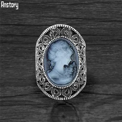 Oval Lady Queen Cameo Rings For Women Vintage Hollow Flower Rings Antique Silver Plated Cocktail Party Fashion Jewelry