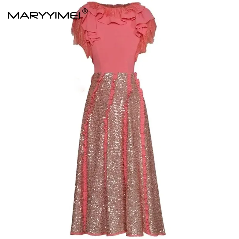 

MARYYIMEI Fashion Women's 2024 Spring Round Neck Flounced Short-Sleeved Edible Tree Fungus Patchwork Sequin High-Waisted Dress