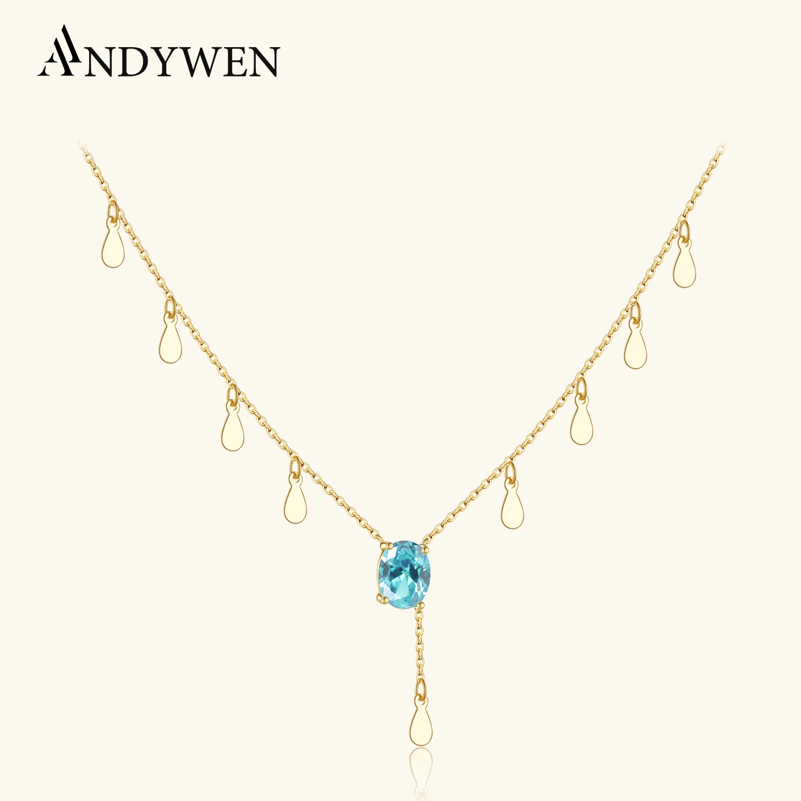 

ANDYWEN 925 Sterling Silver 2023 Spring Aquamarine Blue Oval CZ Zircon Drop Pendant Charm Choker Long Chain Necklace Christmas