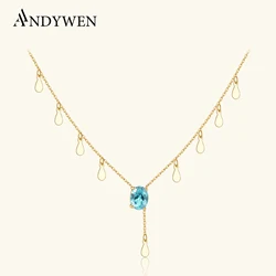 ANDYWEN 925 Sterling Silver 2023 Spring Aquamarine Blue Oval CZ Zircon Drop Pendant Charm Choker Long Chain Necklace Christmas