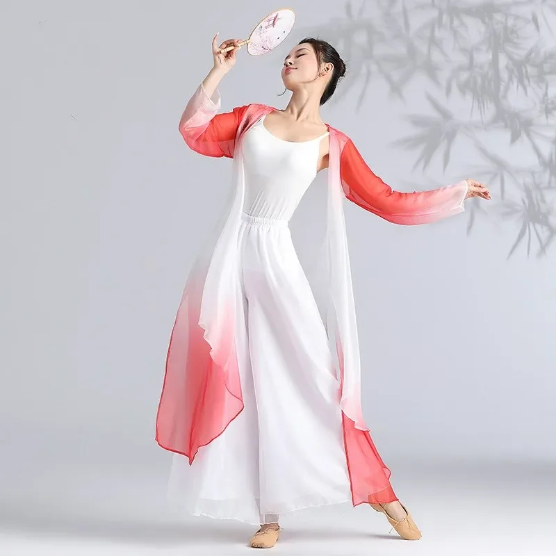 Women Classical Dance Long Dress Flowy Loose Shirt Chiffon Harem Pants Dancer Practice Wear Chinese Folk Dancewear Gradient