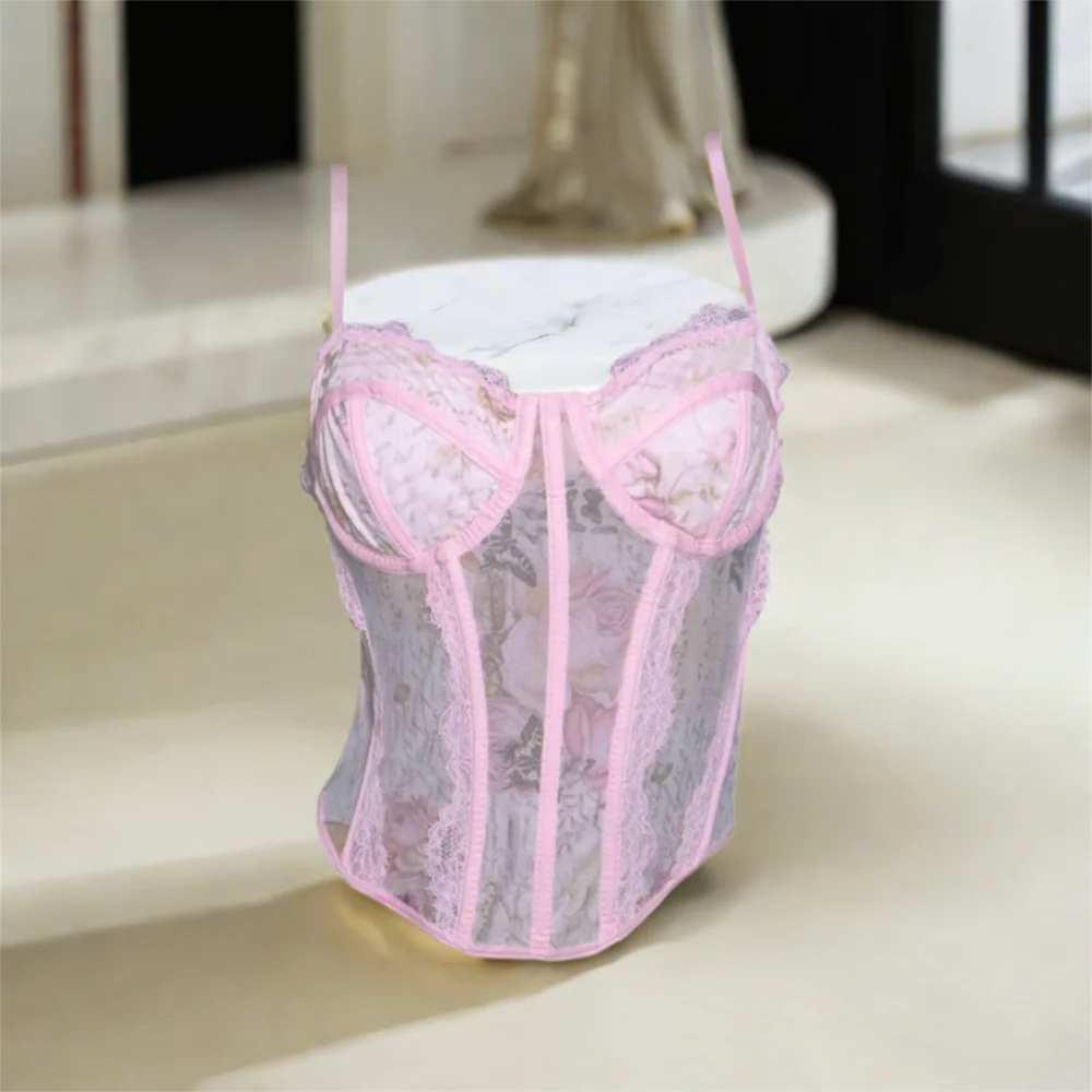 

Elegant Mesh Lace Flower Camisole Slim fit Tanks Lace Corset Sleeveless Streetwear Suspender Vest Ladies