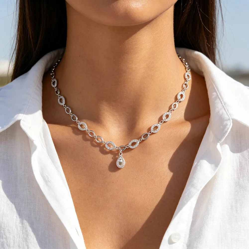 NEW Arrivals Sparking CZ Paved Water Drop Shaped Jewelry Women Wedding Fashion Charm Crystal Zircon Stone Necklace Jewelry