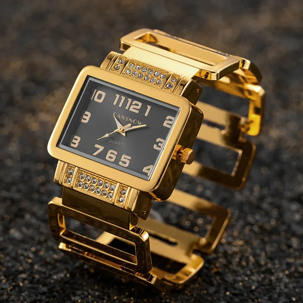Cansnow Rectangle Ladies Watch Bracelet or Silver Bracelet Watches for Women with Hollow Stones and Quartz Fashion Clock