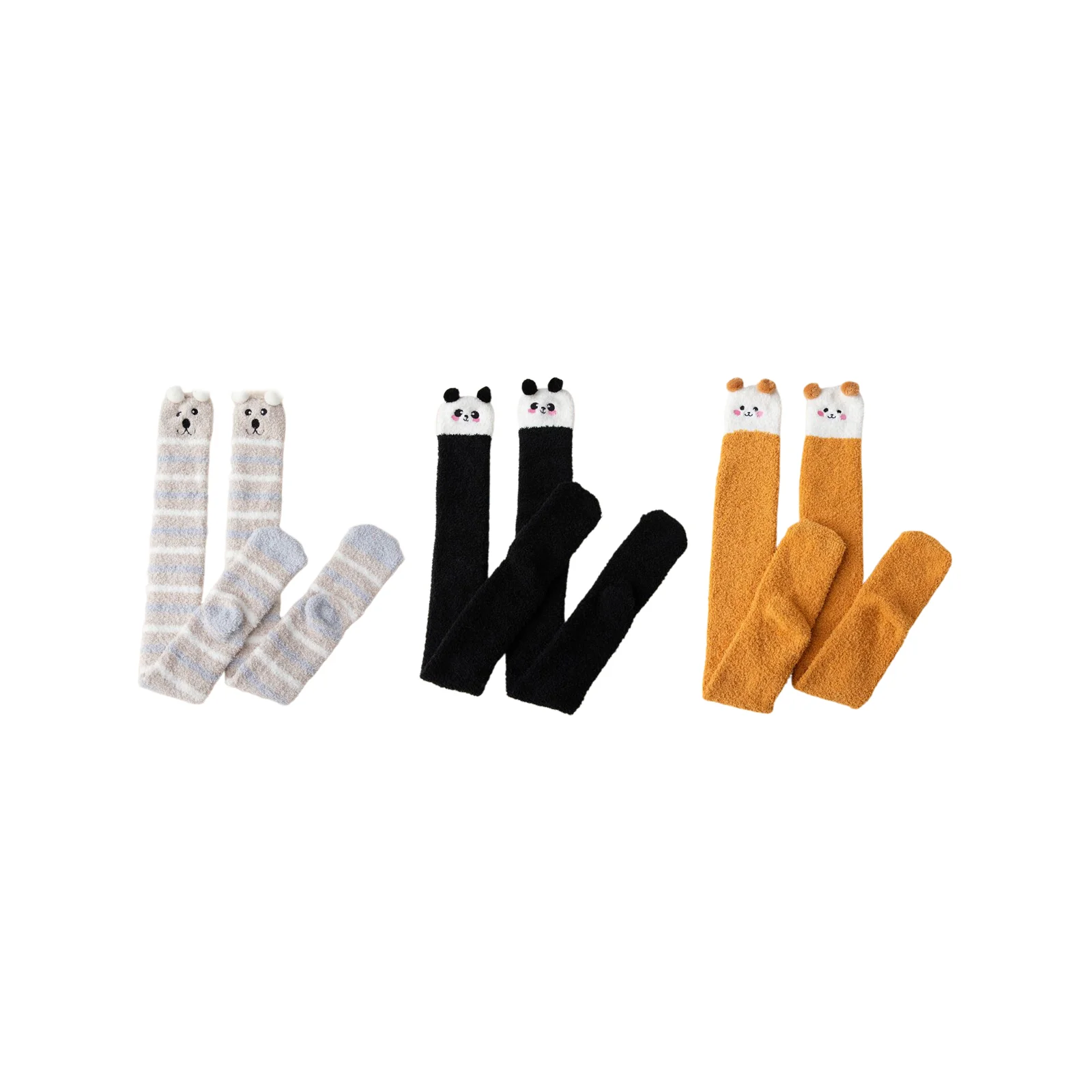 Over-the-knee extended floor socks three-piece set: Striped Bear + Black Panda + Ginger Sheep