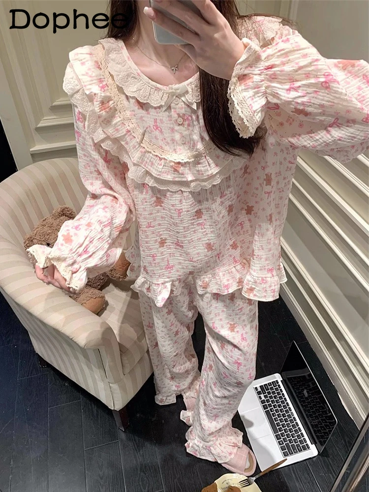 

Новинка 2023 года, женские пижамы из чистого хлопка с длинными рукавами в дворцовом стиле, милый милый кружевной комплект домашней одежды с медведем для женщин