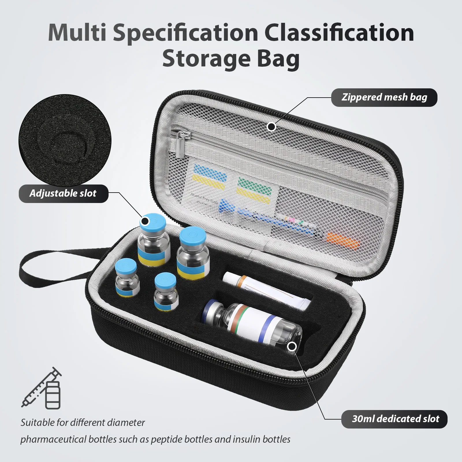 Insulin Vial Case 30ml Portable Medicine Organizer EVA Oxford Storage Box With Foam Slots For Travel Fridge Storage Holder