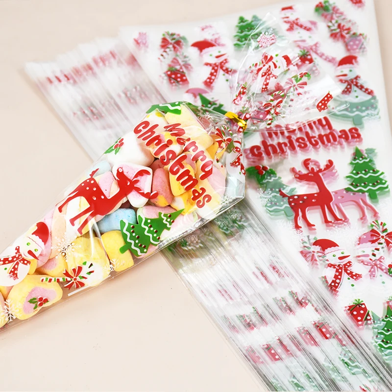 2 Colors Christmas Cone Shape Candy Bags DIY Cookies Dessert Packaging OPP Pounches Bags Christmas New Year Party Decor Supplies