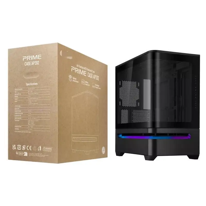 Prime AP202 Mid-Tower Gaming PC Case with Curved Glass View Supports M-ATX ITX Motherboard for Computer Users