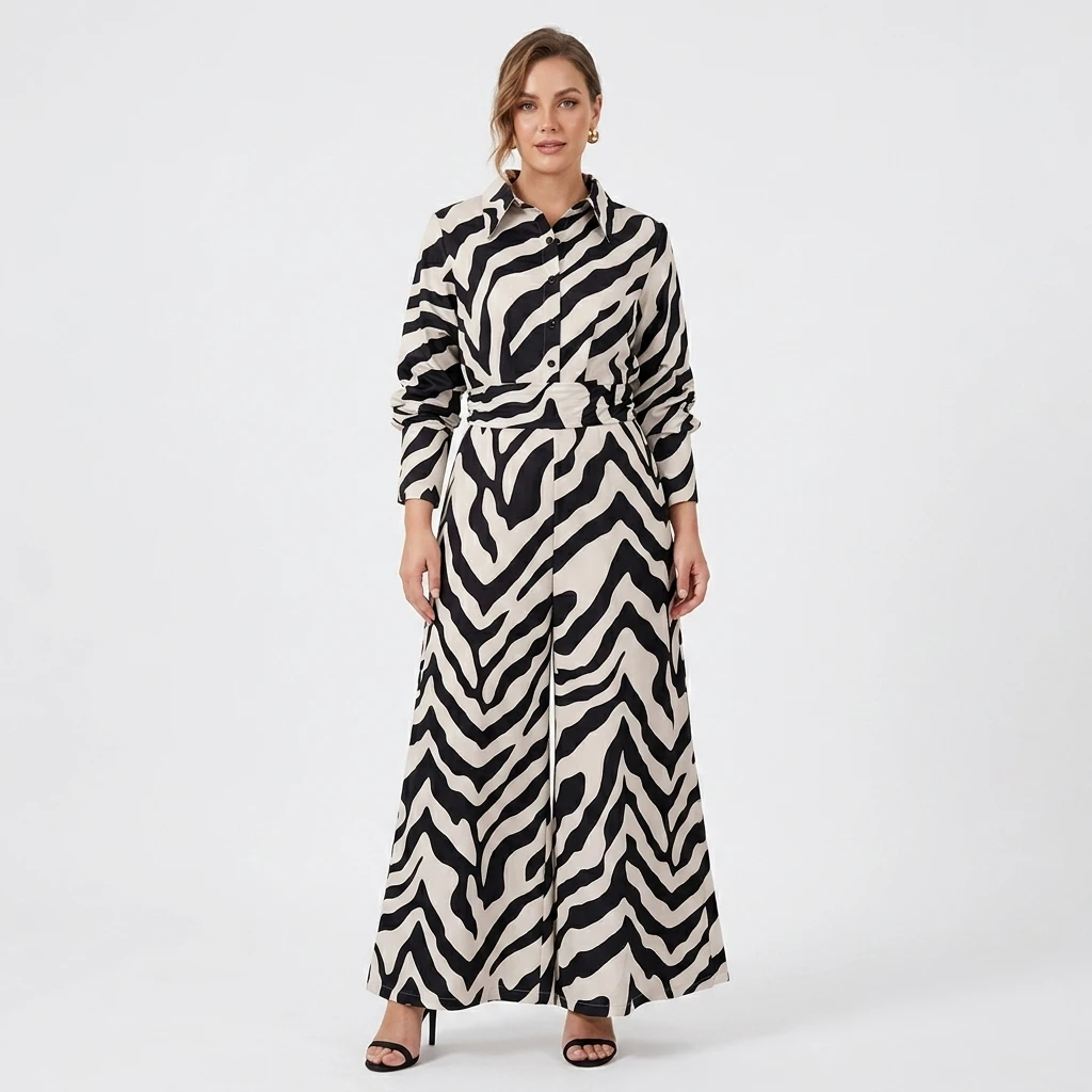 

Freeacy Women's Zebra Stripe Print Shirt Collar V Neck Waist Cinched Wide Leg Jumpsuit Elegant Formal Jumpsuit For Evening Party