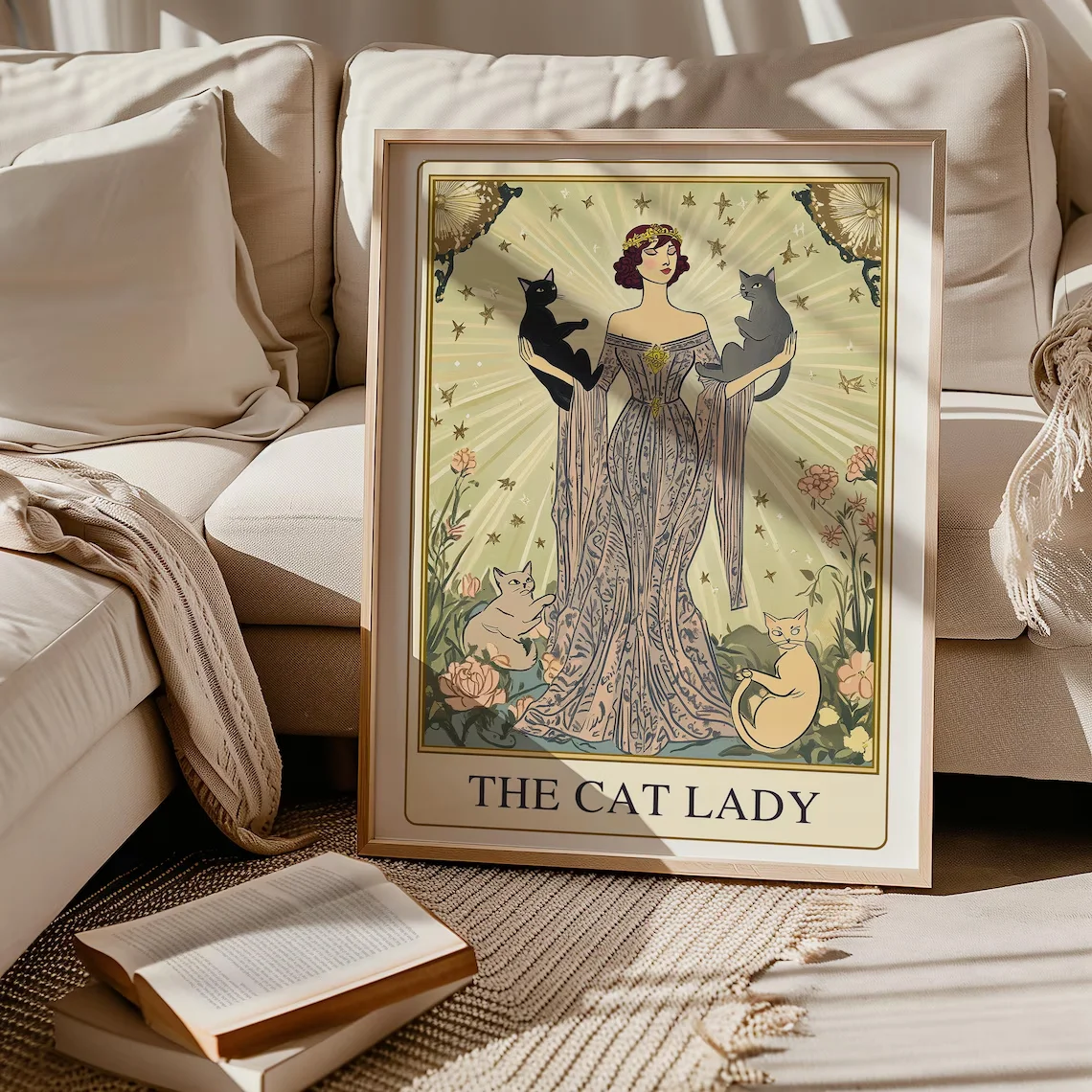 Cat Lady Tarot-Wandkunst, Art Nouveau-Kunstdruck für Katzenliebhaber, Vintage-Katzenposter, Geschenk für Katzenmutter, Retro-Katzenkunst, einzigartiger Katzendruck, Apartment