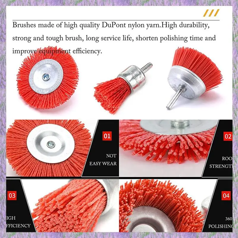 Juego de cepillos de copa y rueda de cepillo de alambre abrasivo de filamento de nailon de A63K-3 piezas con vástago de 1/4 de pulgada para eliminar óxido/corrosión/pintura