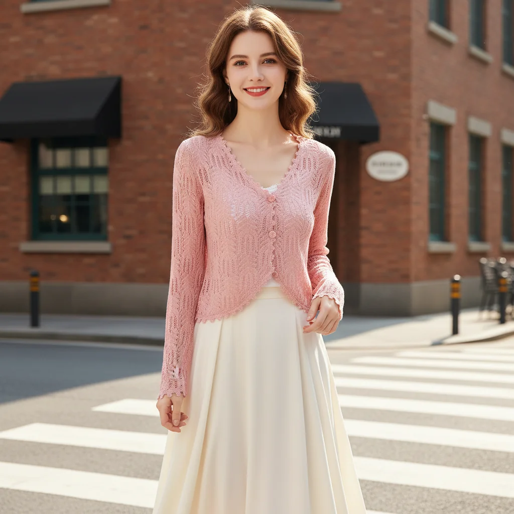 Women Hollow Out Thin Cardigan Summer Knitted Waist Shawl Long Sleeve Short Sunscreen Jacket New Fashionable Hook Flower Design