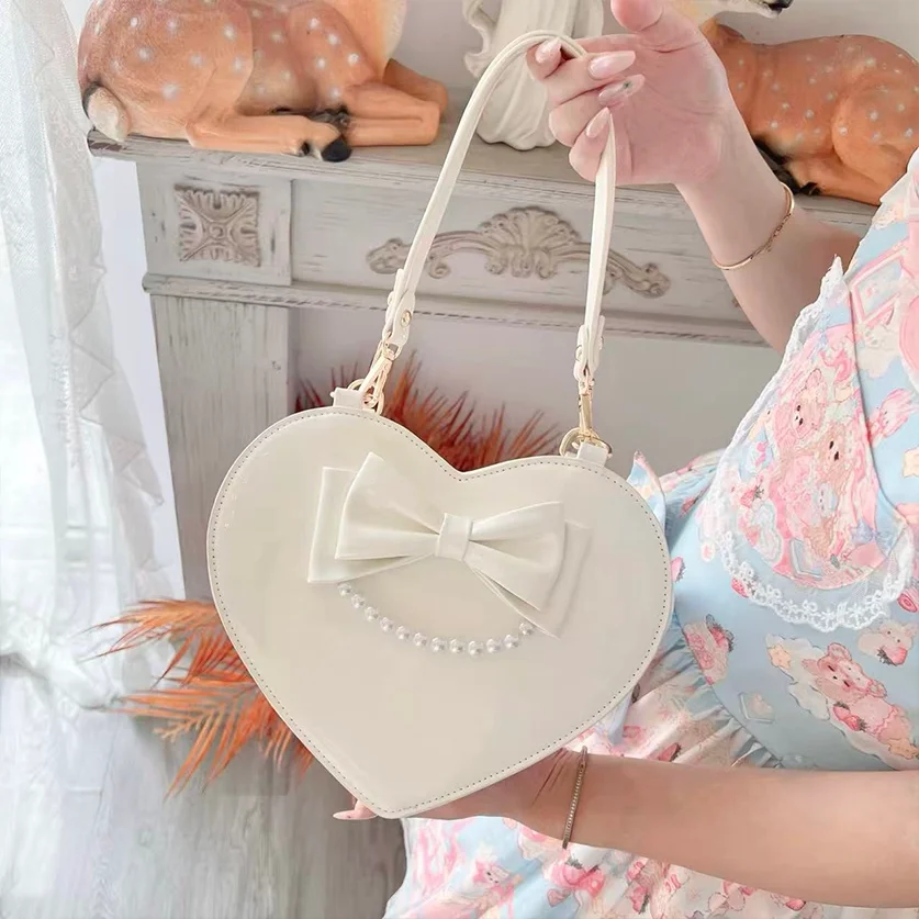 Lolita Bags for Girls Bow Student Daily Cute Love Hand Shoulder Oblique Span Top-Handle Bags Kawaii Sweet Women's Handbags