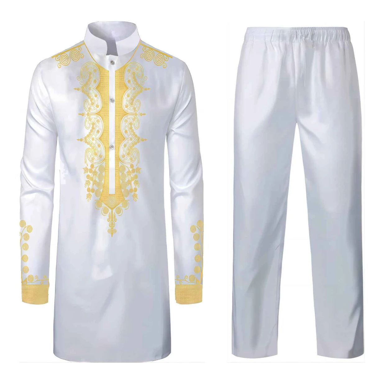 Premium For Men 2 Pieces Set Long Sleeve Casual African Suits Lightweight Traditional Gold Dress Shirts