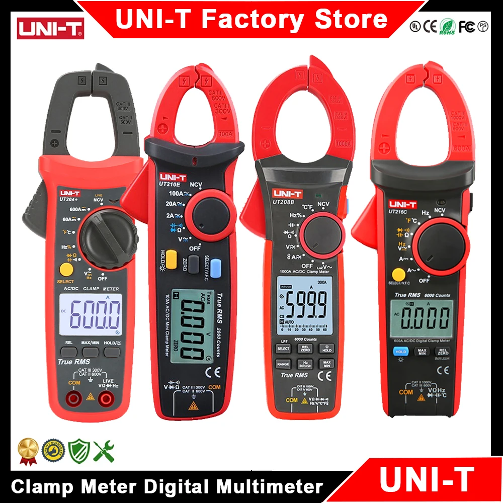 UNI-T المشبك متر UT202A + UT204 + UT210D UT210E UT207B UT208B مقياس التيار الكهربائي المشبك الرقمي المتعدد كماشة كهربائي مقياس التيار الكهربائي