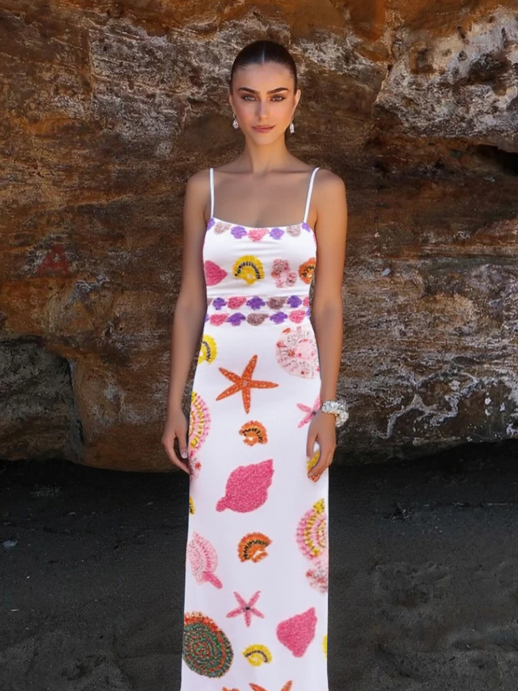 

kliou Spaghetti Strap Maxi Dress Women Colorful Printed Unique Backless Body-shaping Long Robe Female Trend Festival Vestidos