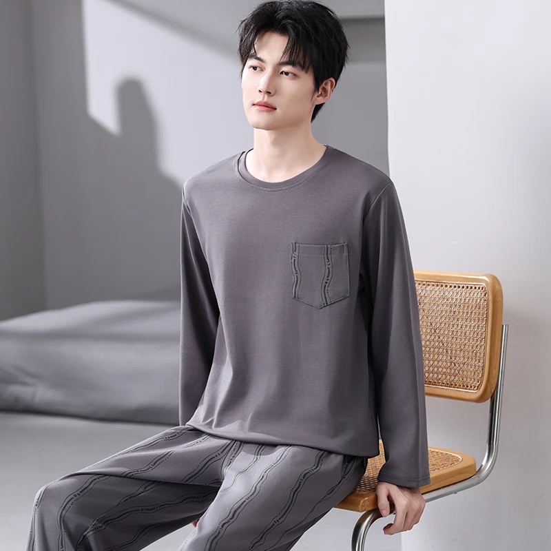 Autumn Pajamas Set Male Soft Cotton Sleepwear Home Clothing Long Sleeves Spring O-Neck Tops + Long Pants Leisure Pyjamas Suit