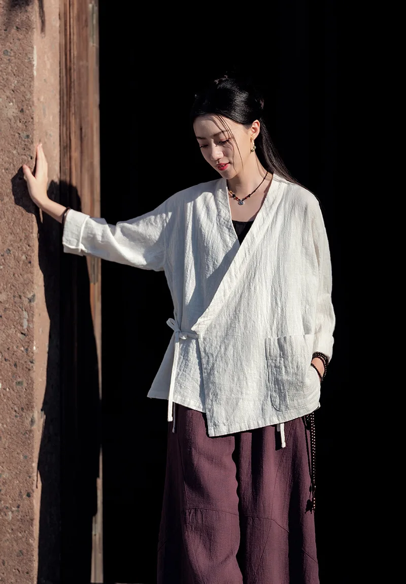 Women Hanfu Ramie Cotton Wrap Over Cardigan Shirt Asymmetrical Neo Chinese Traditional Tops