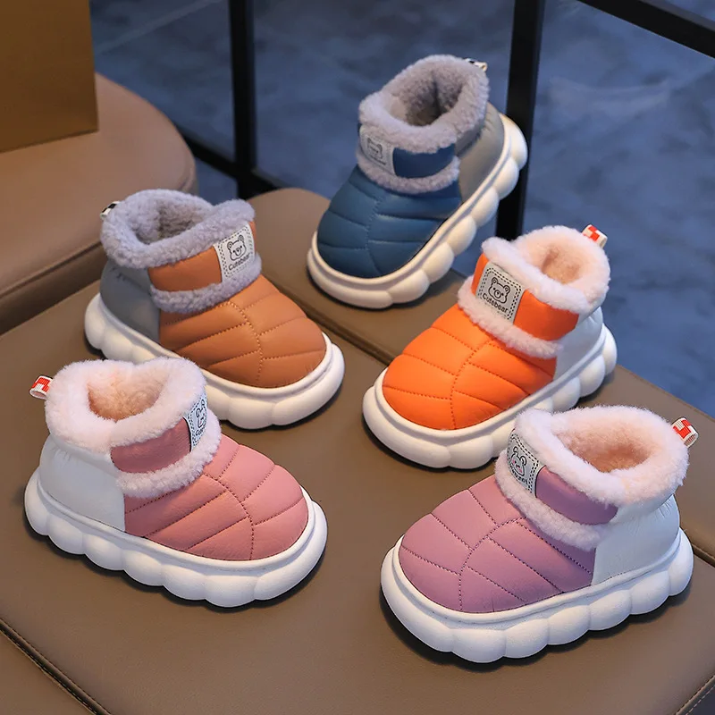 

2024 New Winter Children's Cotton Shoes for Boys and Girls Warm and Plush PU Waterproof Middle aged Baby Shoes