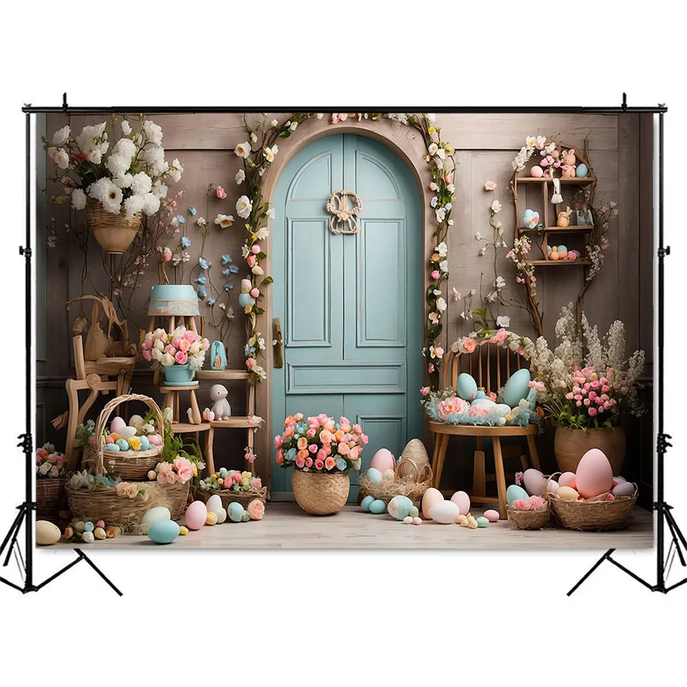 เค้กอีสเตอร์ฤดูใบไม้ผลิสำหรับพื้นหลังสำหรับถ่ายรูปรูปกระต่ายดอกไม้สำหรับเด็กแรกเกิด1st ตกแต่งงานปาร์ตี้วันเกิดฉากหลังไข่หลากสี