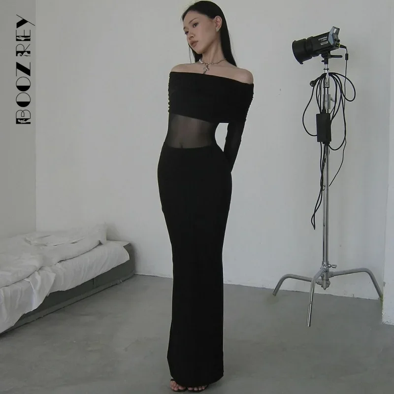 

BoozRey 2024 Mesh Off Shoulder See Through Sexy Maxi Dress 2024 Summer New Long Sleeve Wrapped Hip Slim Fit Elegant Party Robe