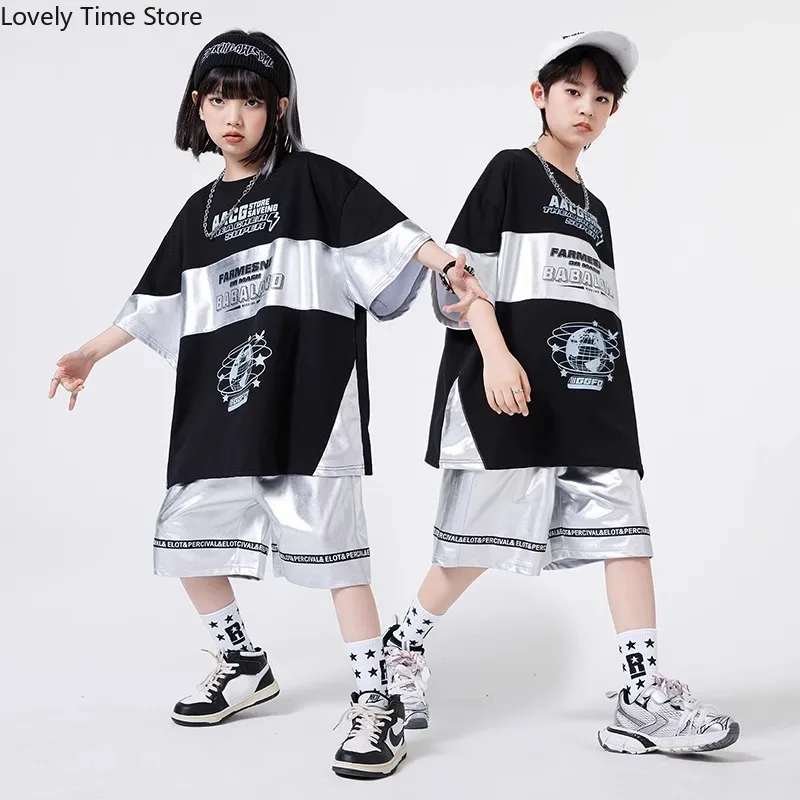 Boys Hip Hop Golden T-shirt Street Dance Shiny Shorts Girls Silver Streetwear Kids Jazz Clothes Sets Children Summer Costumes