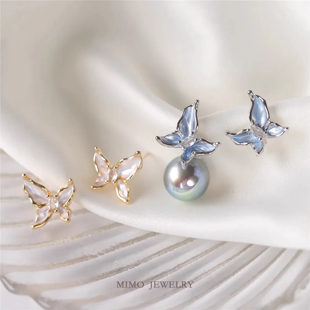 Gold-plated Exquisite Three-dimensional Ice White Ice Blue Butterfly Empty Bracket Stud Earrings DIY Handmade Charm Accessories