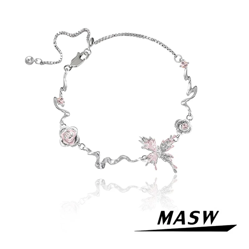 MASW Original Design Sweet Korean Temperamet High Quality Pink Flower Butterfly Bracelet For Women Girl Gift 2024 Modern Jewelry