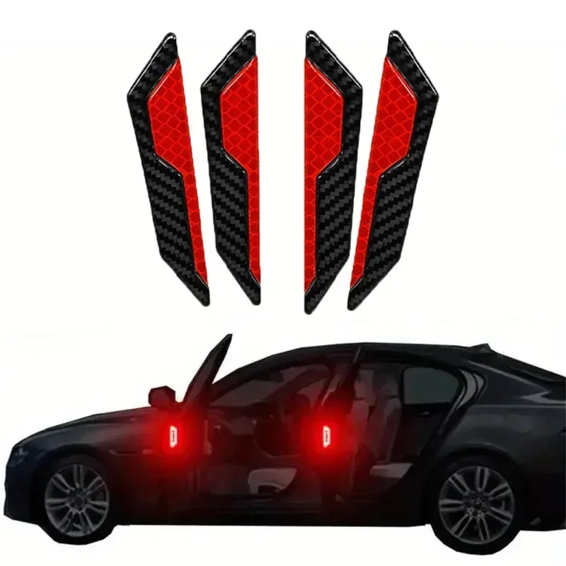 4Pcs Car Door Reflective Warning Stickers, Carbon Fiber Texture Safety Decals for Enhanced Night Visibility & Anti-Collision