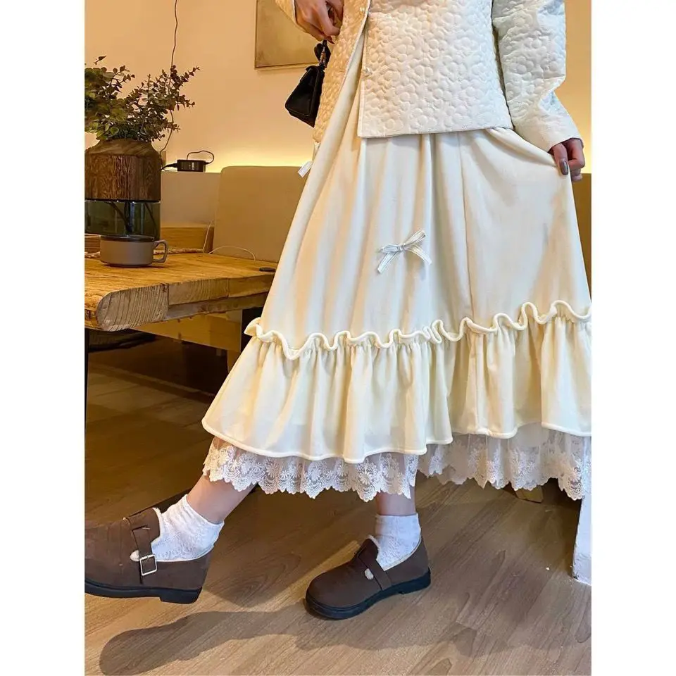 Japanese Cute A-Line Maxi Skirt for Women, High Waist Elastic Waist Skirt with Bow & Lace Trim Lolita Girls Preppy Student Girls