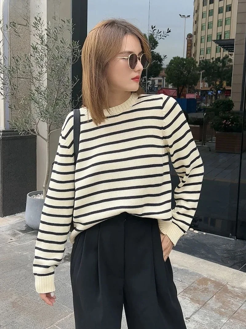 

Свободный длинный свитер с белыми полосками, 2023, женская мода, осенний сезон, другие материалы, 100% премиум качество