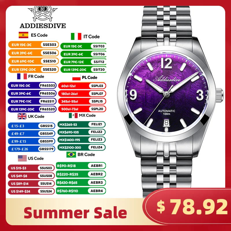 

ADDIESDIVE AD2547 Luxury Men Automatic Mechanical Dive Watch Sapphire 100M Waterproof BGW9 Luminous Steel Wristwatch Retro Style