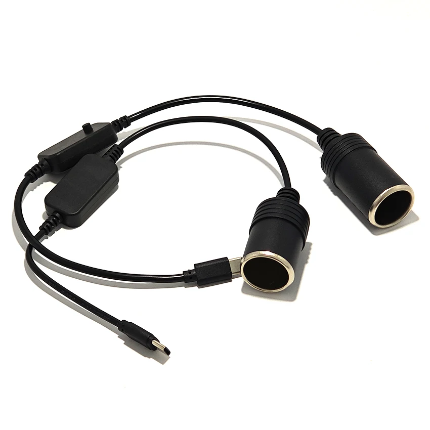 Type-C Car Cigarette Converter 12V Lighter Female Socket Step Up Cable Power Cord Button Adjustable Voltage 5/9/15/20V
