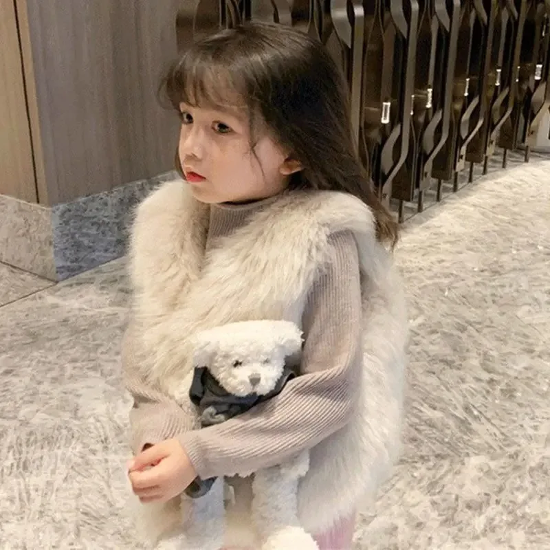 HoneyCherry New Fashion Girls Fur Vest Autumn and Winter Thickened Furry Waistcoat Vest Vest Fashion Girl Winter Clothes