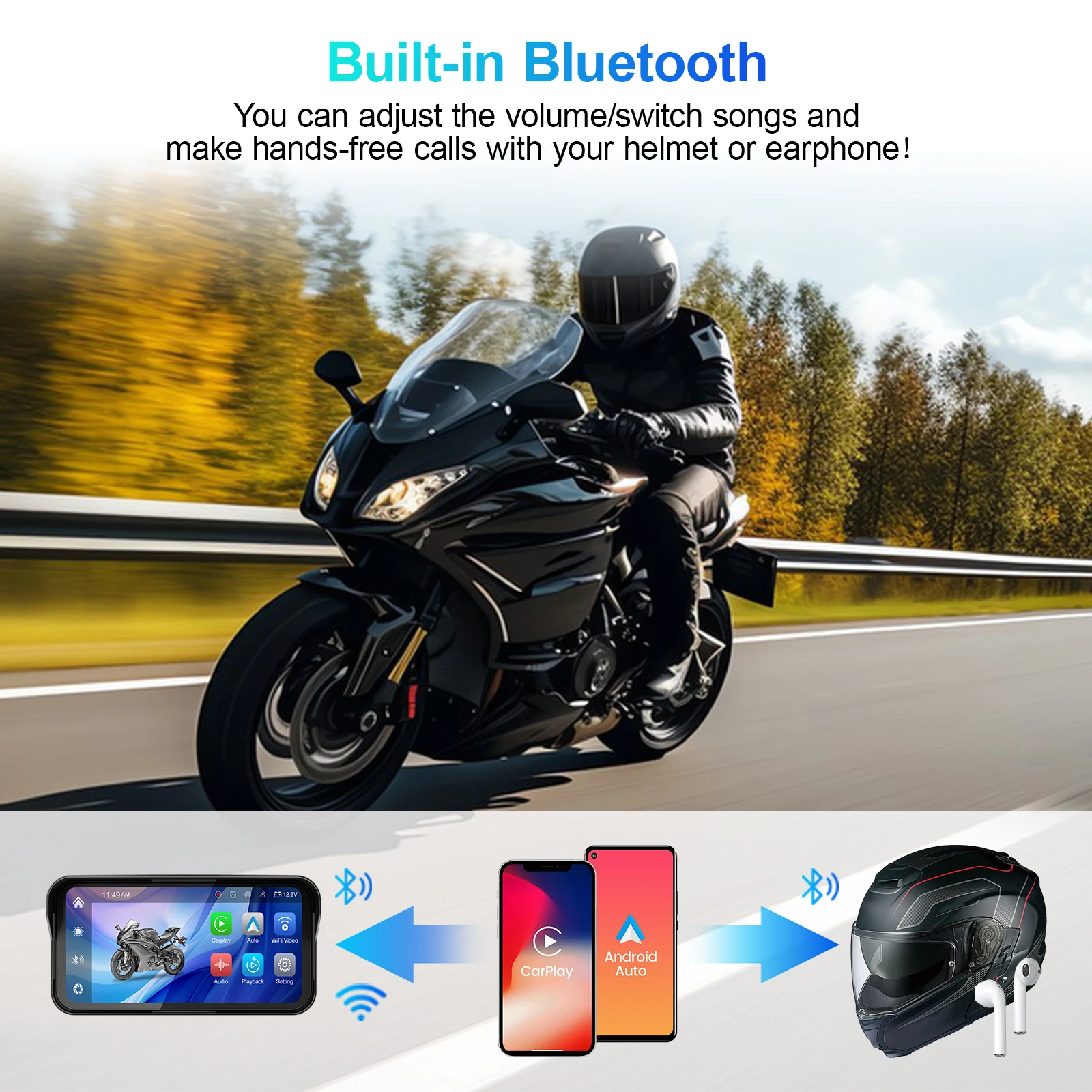 6,25 pulgadas portátil IPX7 impermeable motocicleta GPS navegación soporte inalámbrico Carplay Android Auto DVR unidad grabadora Moto TPMS