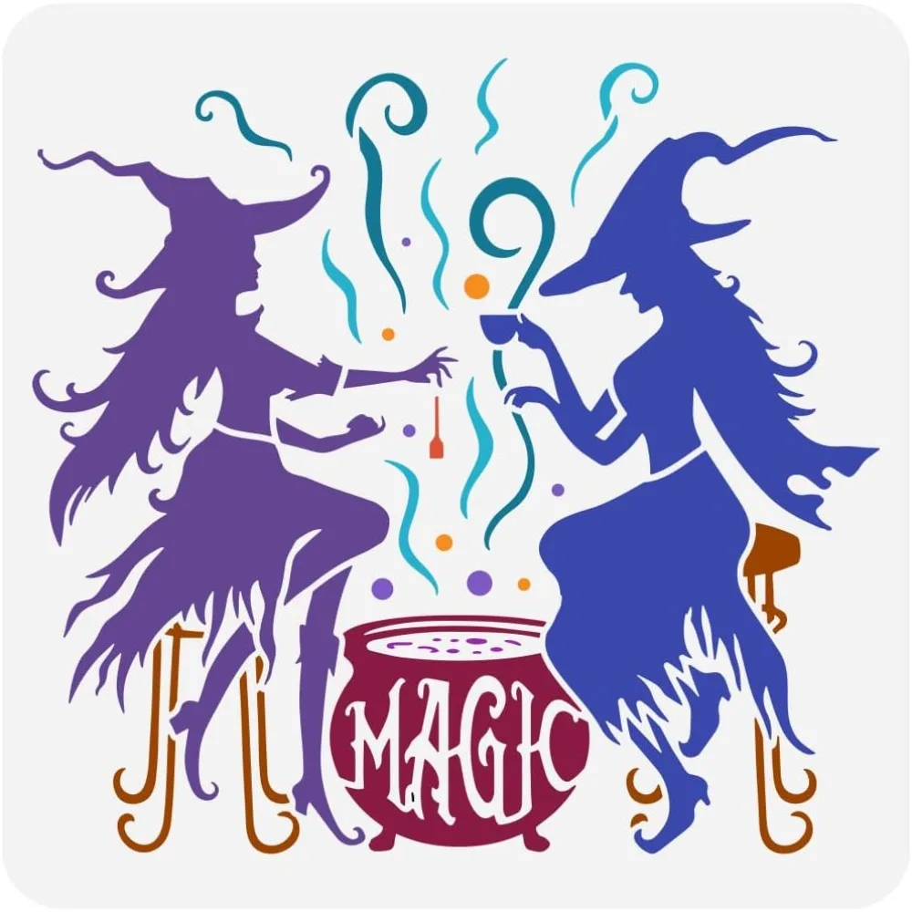 Witch Afternoon Tea Stencil for Painting 11.8x11.8 inch Reusable Cauldron of Witches Brew Drawing Template Large Witch Day