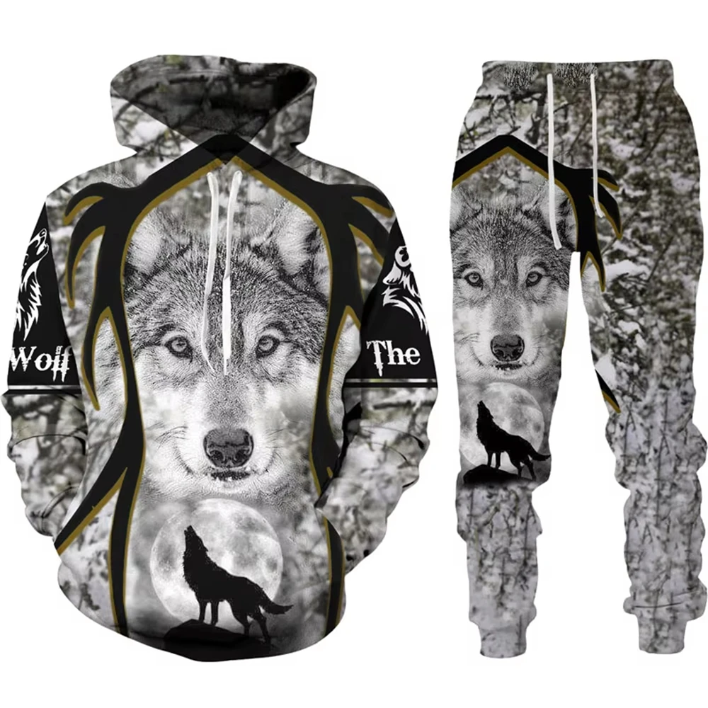 Spring Autumn 3D Animal War Wolf Printed Men's Hooded Sweater Set Male Sportswear Tracksuit Long Sleeve Men Clothing Suit