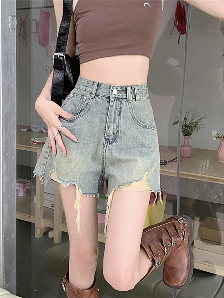 

2024 Women Spring Autumn Retro High Waist Wide-leg Shorts Female Loose Holes Ladies Pockets Casual Denim Short Pants U694