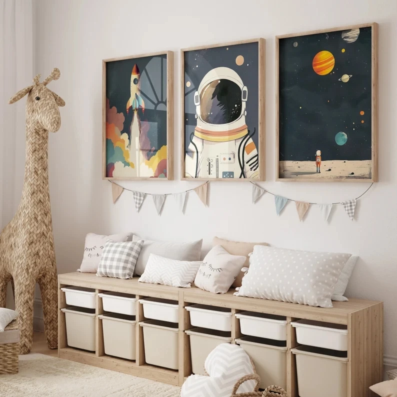 Colorful Space Adventure Cartoon Poster Astronaut and Rocket Illustration Canvas Painting Prints Nursery Wall Art Kid Room Decor