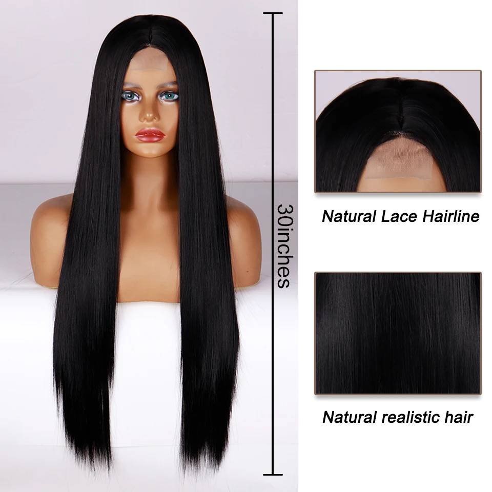 Synthetic Wig Long Straight Hair Black Wig Women’s Natural Straight Hair Product Wig Middle Part Synthetic Long Black Wigs